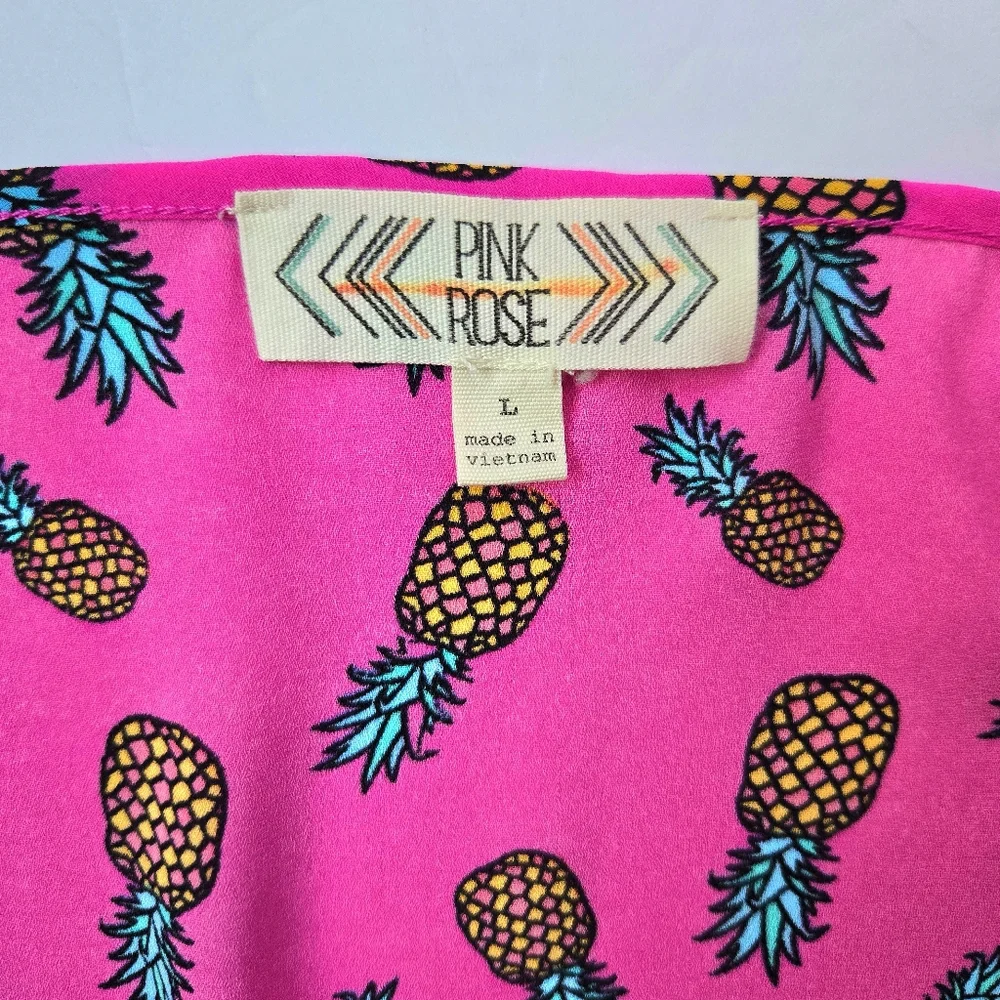 Playful Pineapples Pink Allover Print Top, Hi Low Hem, Cuff Sleeves by Pink Rose - Picture 4 of 6
